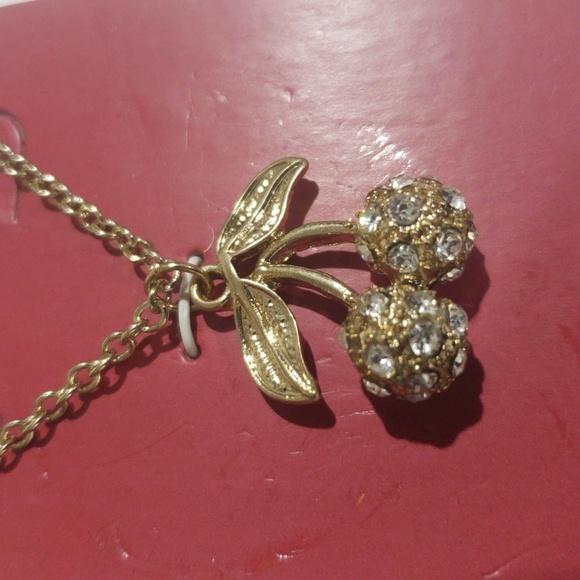 Gold-tone Cherry Pendant Necklace & Crystal Stud Earrings – Women's Jewelry - Picture 4 of 8